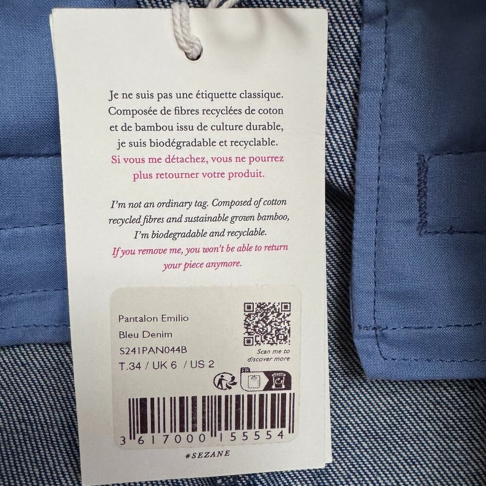 Sézane Emilio Trousers Denim Blue Size 2 NWT - Picture 10 of 11